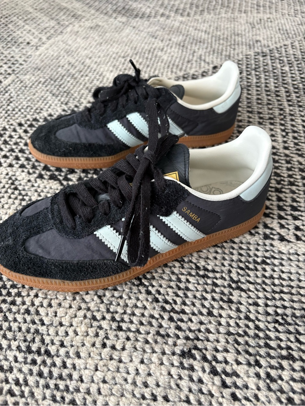 adidas Samba Black with Light Blue Stripes and Gum Sole - Low Top Sneakers